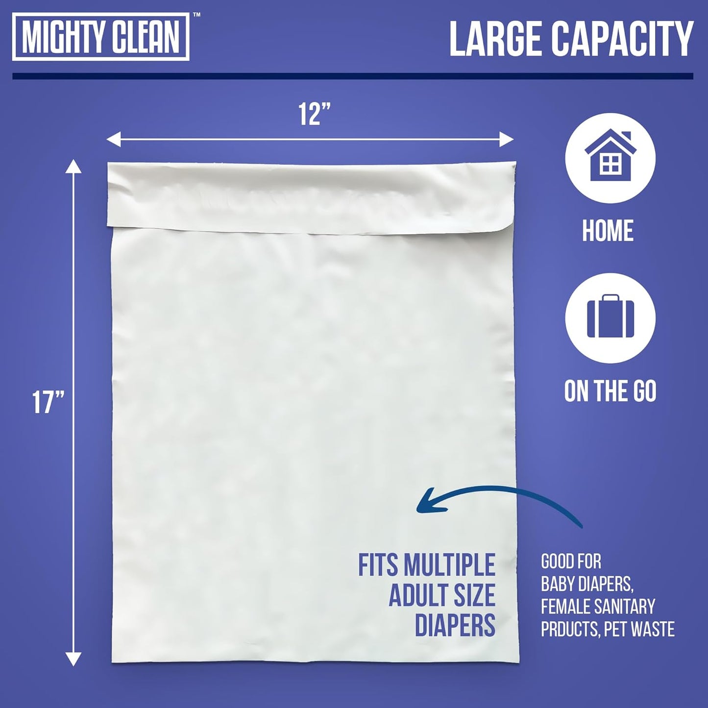 Mighty Clean Extra Large Adult Diaper Disposable Bags - 30 Bags | Leak-Proof, Odor Sealing, Tear Resistant | Discreet for Diapers, Incontinence Pads, Sanitary Product Disposal | Durable and Unscented