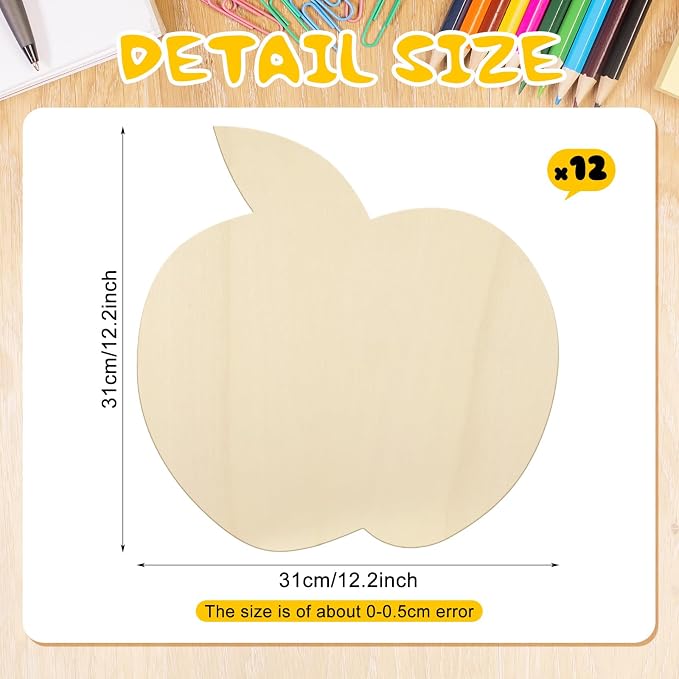 Anglechic 12 Pack 12 Inch Apple Wooden Cutouts DIY Unfinished Wood Apple Slices