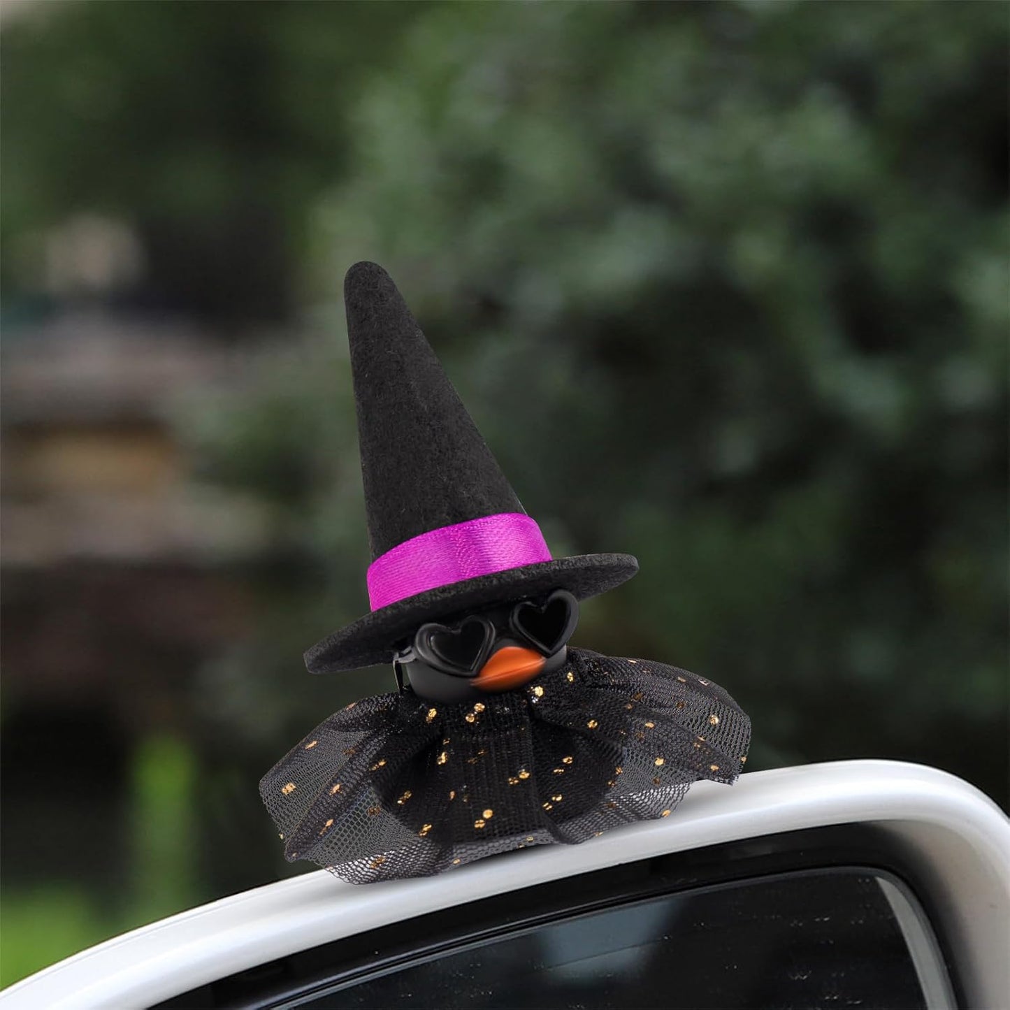 wonuu Car Dashboard Witch Colorful Rubber Ducks for Halloween, Decorations Duck for Office Desk Ornament Accessories with Hat Glasses Skirt, Sequin Skirt Black
