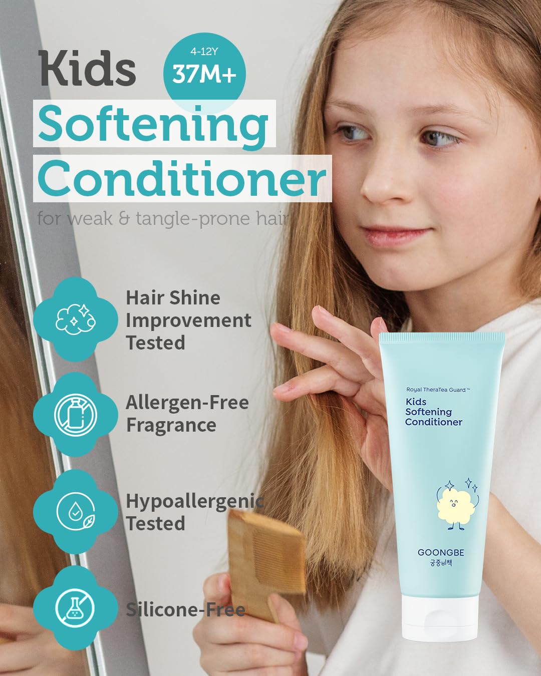 GOONGBE Korean Kids Silicone-Free Silky Shampoo & Conditioner for Weak Frizzy Hair - Glossy Shine & Tangle Prevention - Low pH - Allergen-Free, 10.1oz & 6.76oz