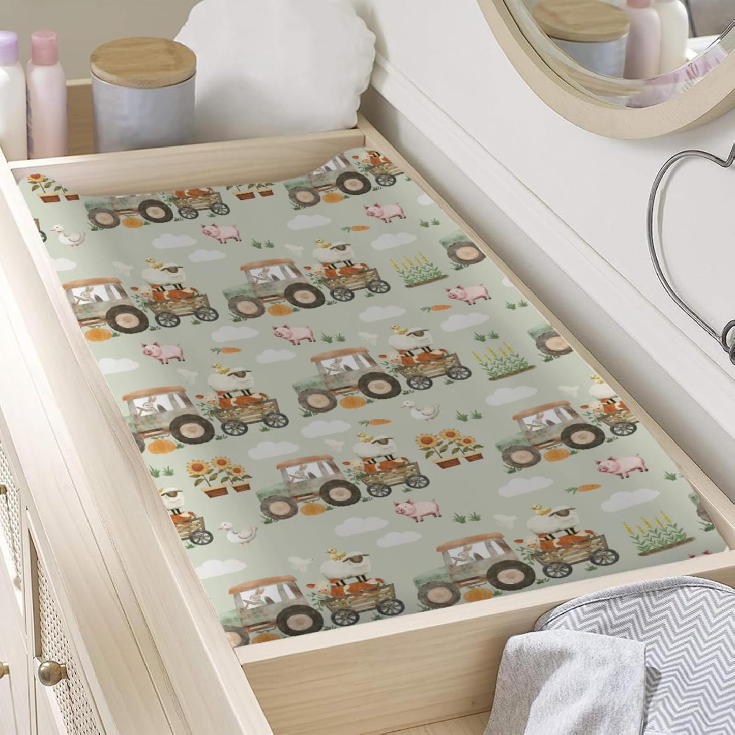 Spring Farm Animals Baby Changing Pad Covers for Boy Girl 32''x16'' Farmyard Pig Lamb Chick Bunny Tractor Plant Fitted Change Table Sheets Country Farm Life Soft Breathable Baby Changing Table Mats