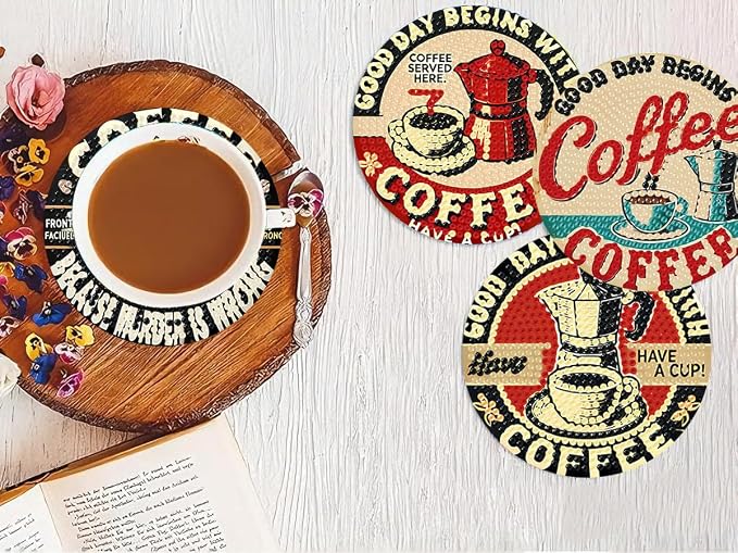 Benjenes 8 PCS Coffee Diamond Art Coasters Kits | Diamond Paintings Coasters