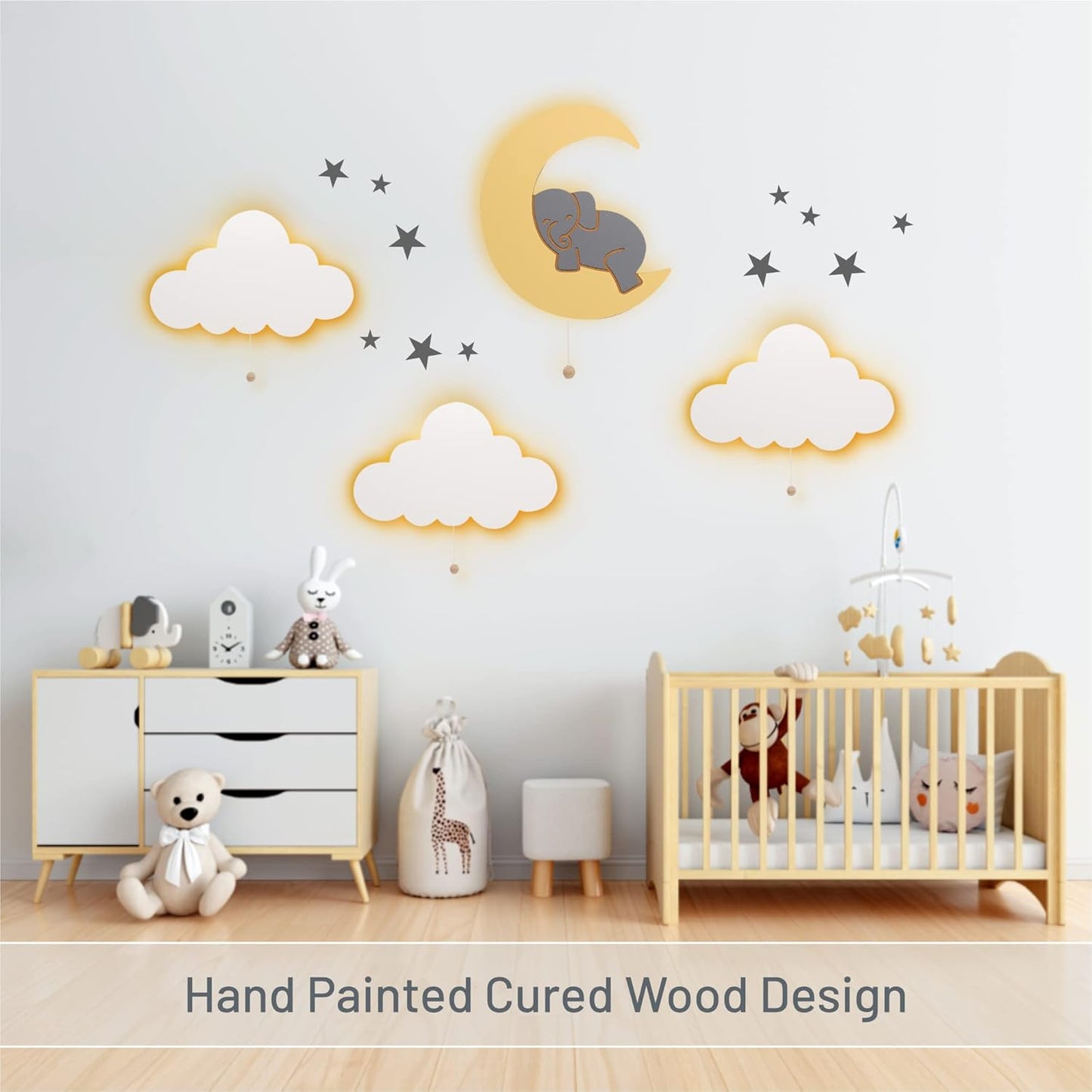 Lumipets Lighted Elephant on Moon, Nursery Night Light, Wall Mounted Lighted, Battery Operated Cloud Light Sign–Lightweight Moon Night Light for Babies, Toddlers, Kids