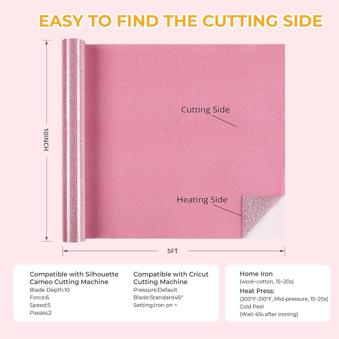 HTVRONT Pink Glitter HTV Vinyl- 10” x 5ft Pink Glitter Iron On Vinyl | Pink