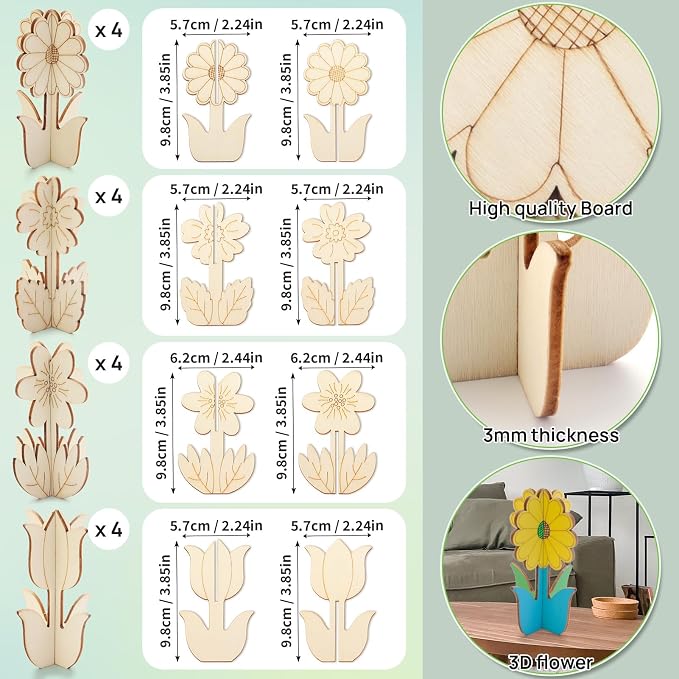 3D Wooden Flower Crafts to Paint, 4 Styles Flowers Ornaments