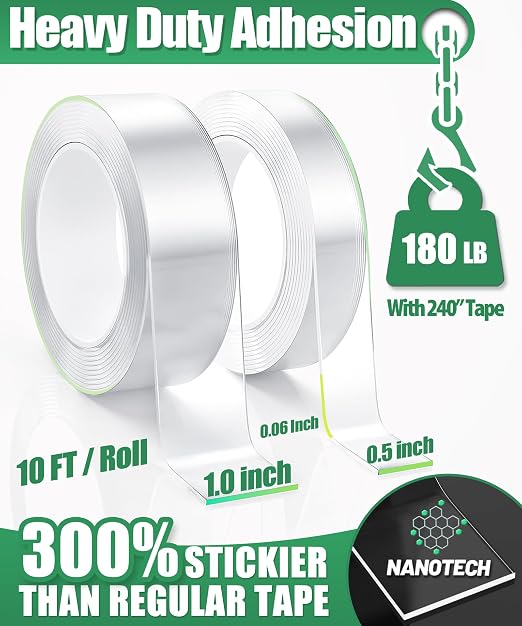 Double Sided Tape Heavy Duty, 2 Rolls 20 Feet Removable Waterproof Clear Nano