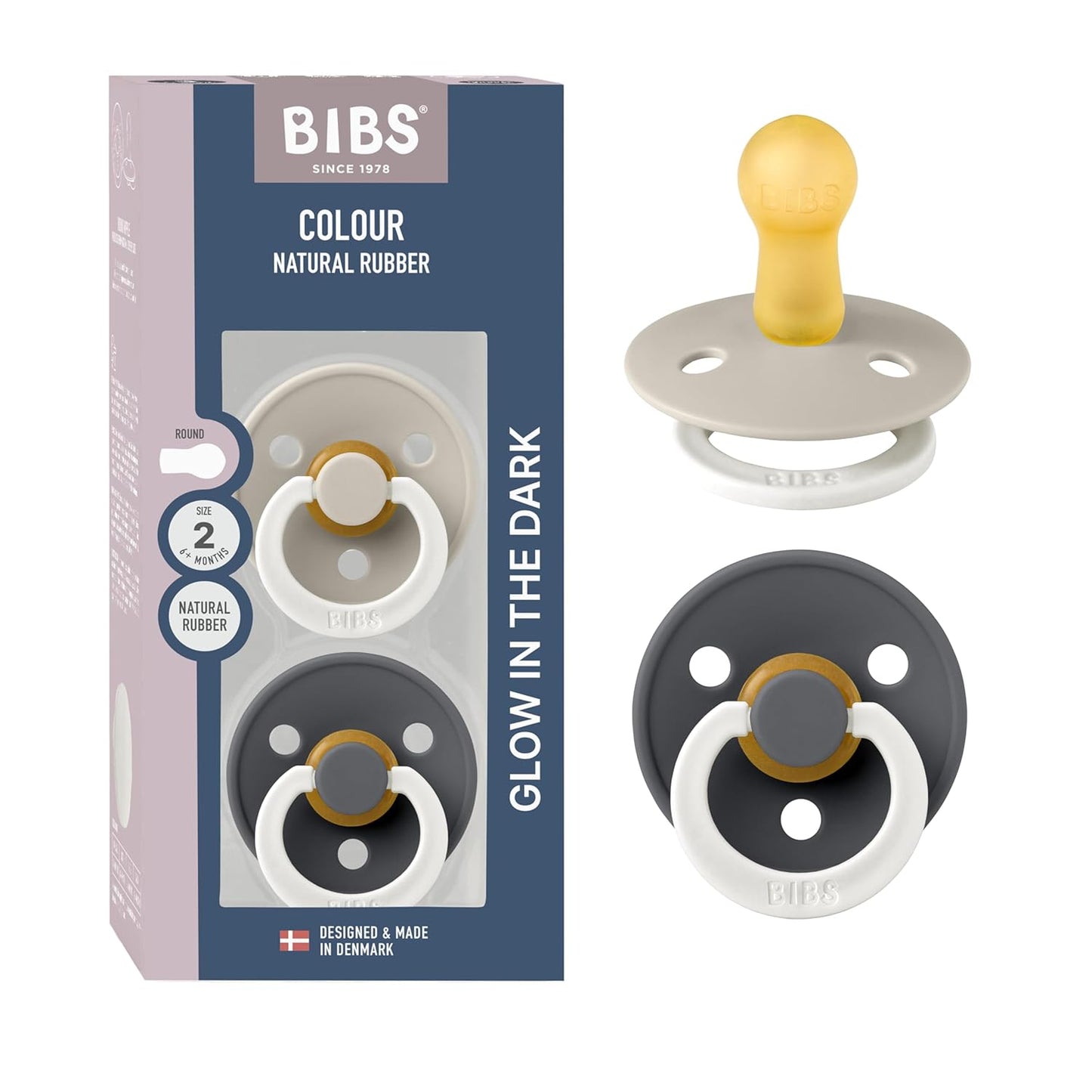 BIBS Colour Night Glow in The Dark Soother 2-Pack, BPA Free Dummy Pacifier, Round Nipple. Natural Rubber Latex, Made in Denmark, Size 2 (6-18 Months), Sand Glow/Iron Glow