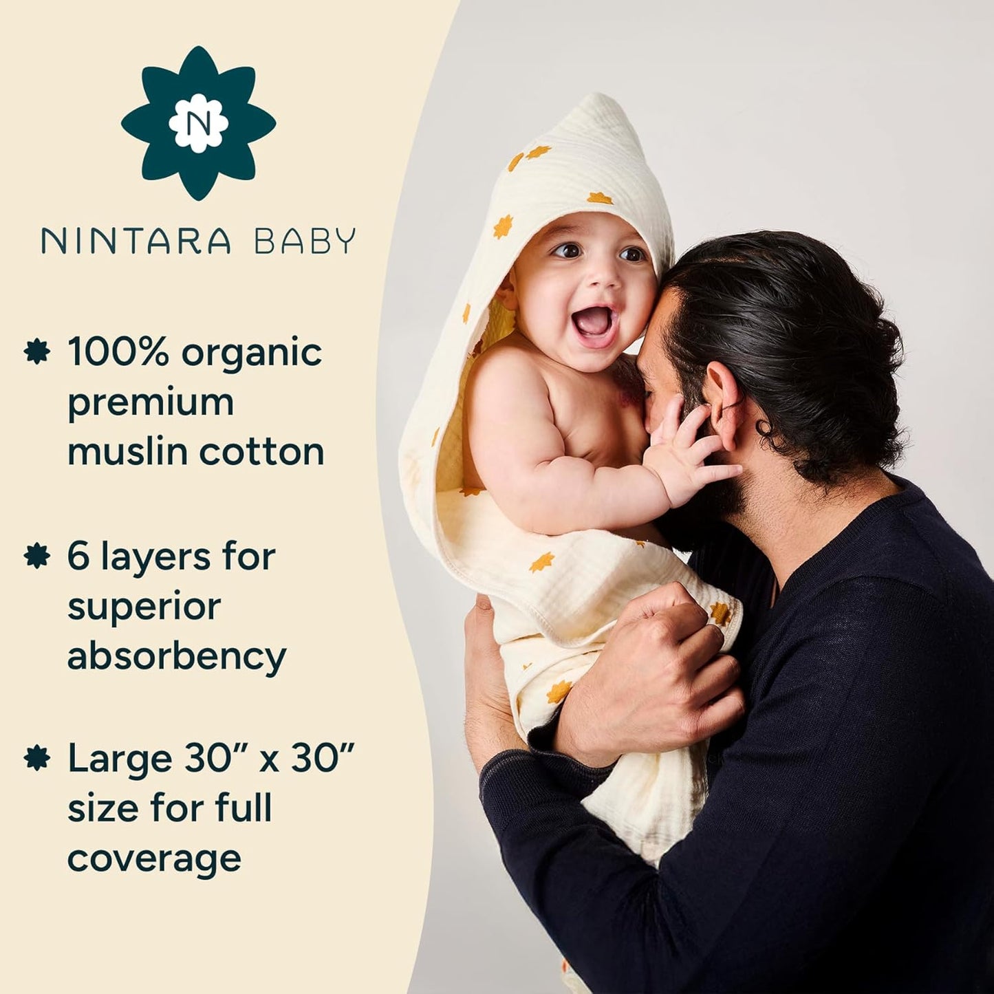 Hooded Towel - 100% Organic Premium Muslin Cotton, 30" x 30", Ultra-Absorbent, Soft, Breathable, Hypoallergenic, Multipurpose, Gifts for Babies & Infants, Pack of 2