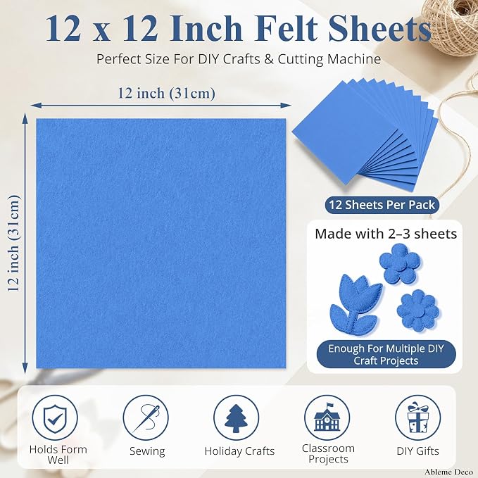 12" x 12" Felt Sheets for Crafts, 2mm Stiff Felt Fabric, Sky Blue | 2mm Thick