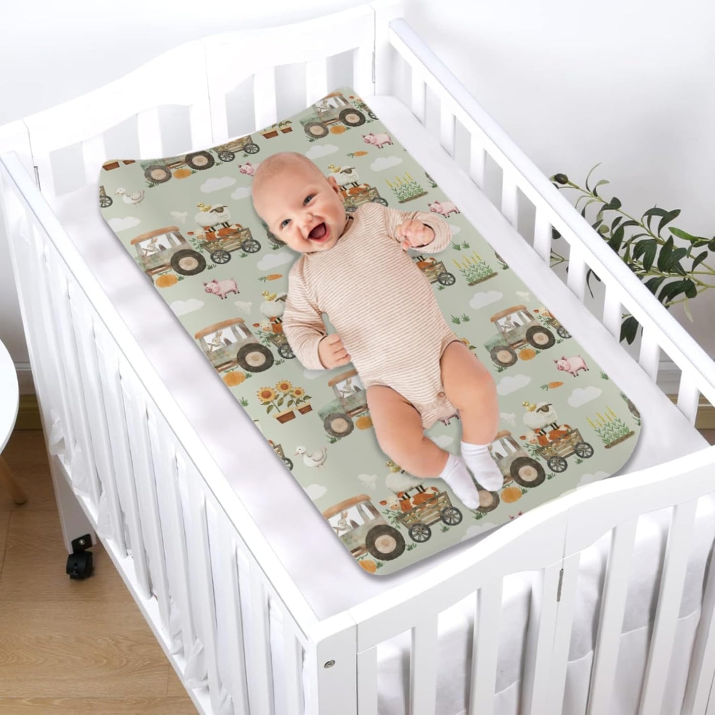 Spring Farm Animals Baby Changing Pad Covers for Boy Girl 32''x16'' Farmyard Pig Lamb Chick Bunny Tractor Plant Fitted Change Table Sheets Country Farm Life Soft Breathable Baby Changing Table Mats