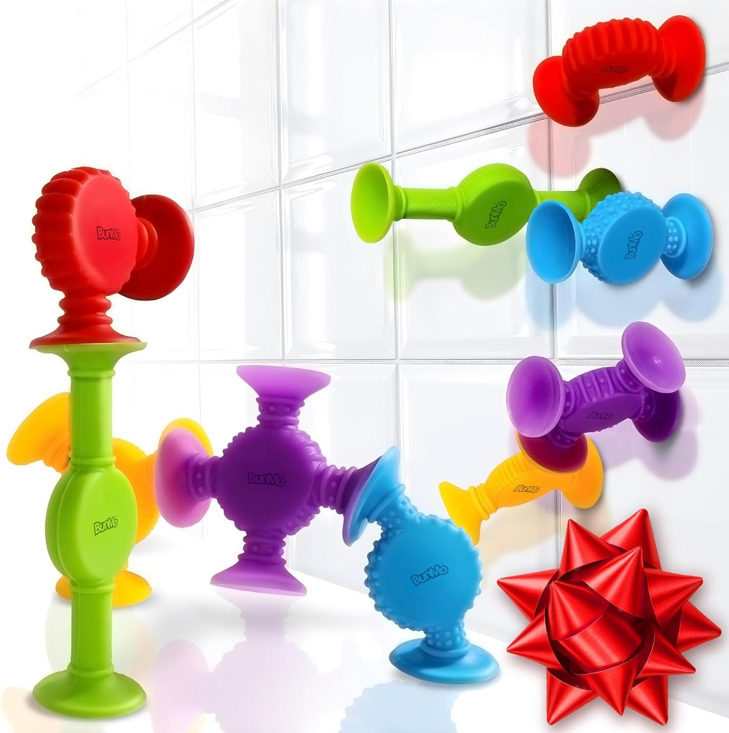 BUNMO Stocking Stuffers for Kids - Toddler Suction Bath Toys - Connect, Build, Create - Toddler Stocking Stuffers - Fine Motor Skills - Stimulating Sensory Fun - Textured 10 Pack