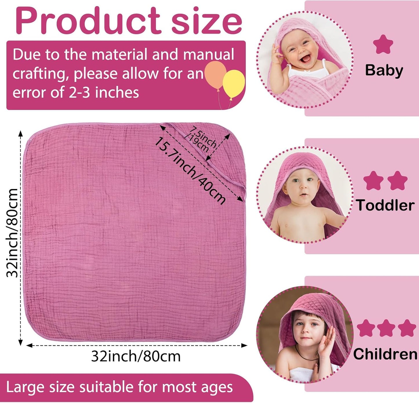 VitalCozy 6 Pcs Baby Muslin Hooded Bath Towels and Washcloths, 32 x 32 Inch Muslin Cotton Hooded Baby Towels Absorbent Hooded Blankets for Gift Newborn Infant Shower (Rose Red,Pink)