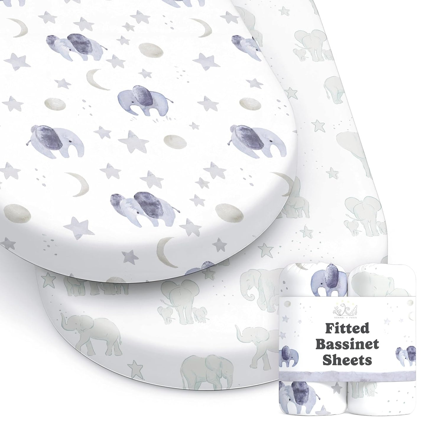 Baby Bassinet Sheets for Boy, Girl (Watercolor Elephants) 2-Pack - Fitted Bedside Bassinet Sheets - Buttery Soft Cotton Blend for Standard Mattress Pad - Compatible with Halo BassiNest