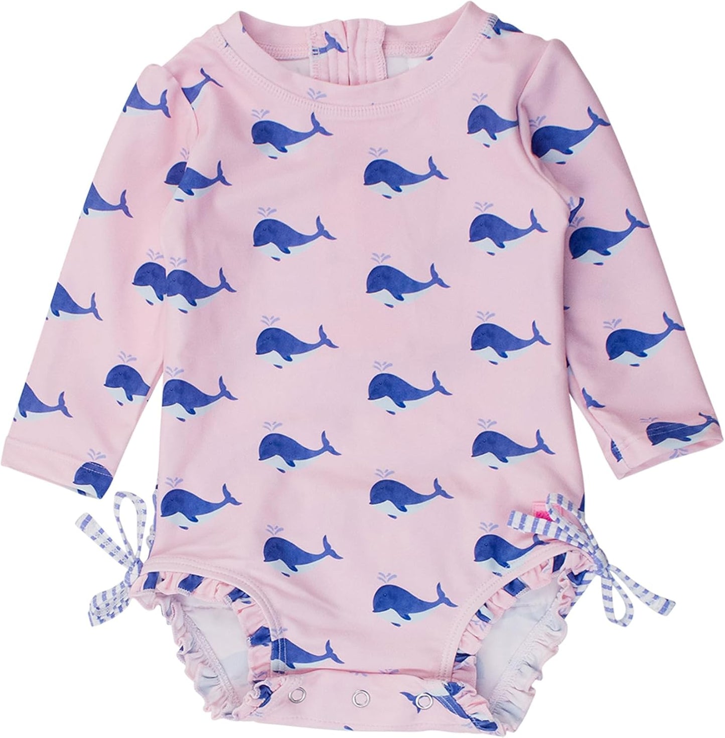 RuffleButts Baby Girls UPF 50+ Sun Protection Novelty Print Long Sleeve One Piece Rash Guard Swimsuit with Zipper