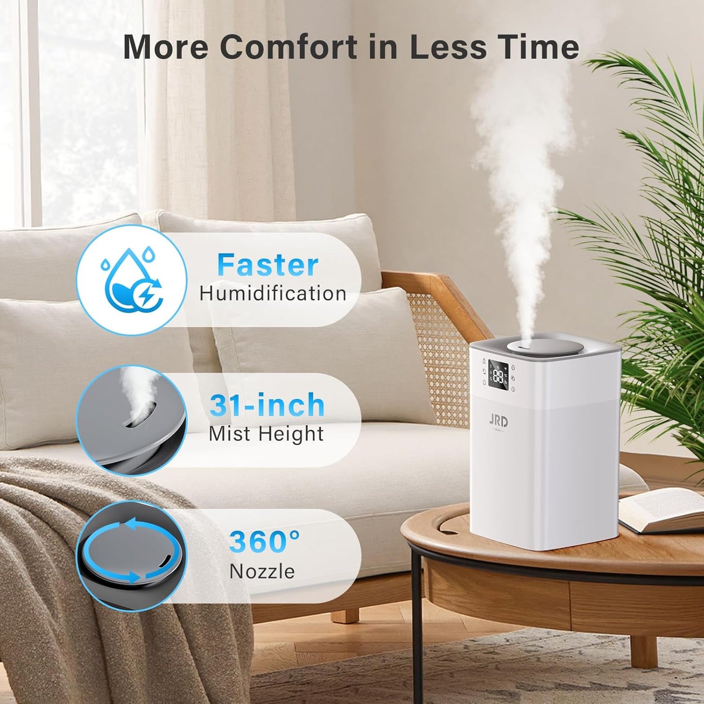 JRD 4L Humidifiers for Bedroom, Cool Mist Humidifier for Large Room, 40H Runtime, 360° Nozzle, Night Light for home