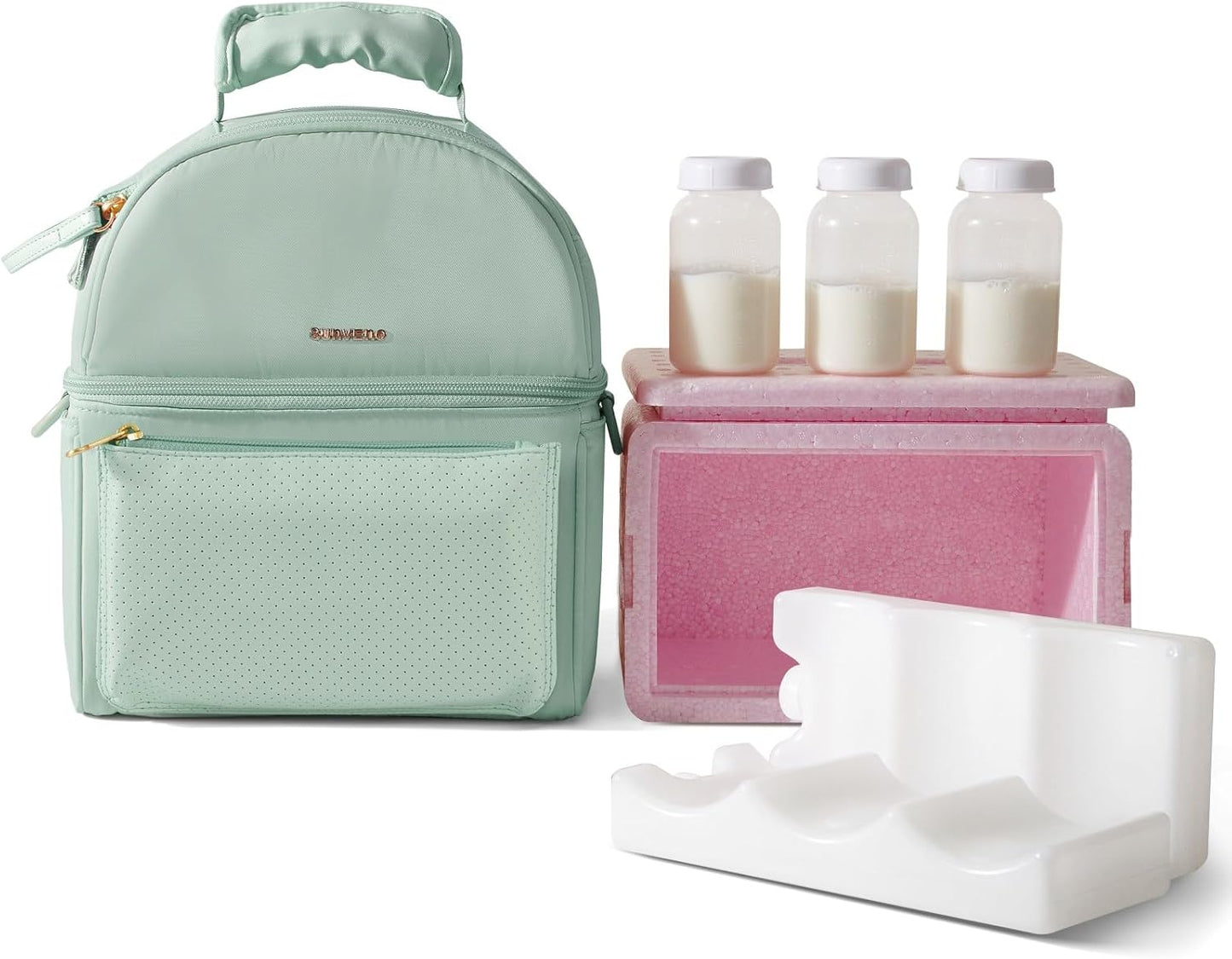 Sunveno Breastmilk Cooler Bag with 2 Ice Packs & Detachable EPP Insulation Box, 15-Hour Cold Retention Foil-Lined Leak-Proof Tote Fits 3 Baby Bottles for On-The-Go Pumping Moms, Daycare & Travel