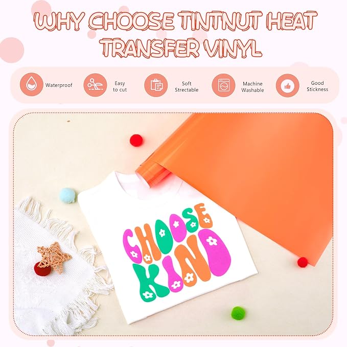 Tintnut Coral Neon Puff Heat Transfer Vinyl Roll, easy cut & weed, stretch