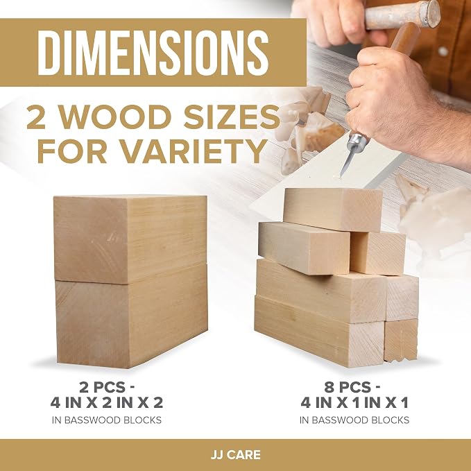 JJ CARE Wood Carving Kit, 10 Basswood Blocks, 1 Grinding Stone & Storage Case