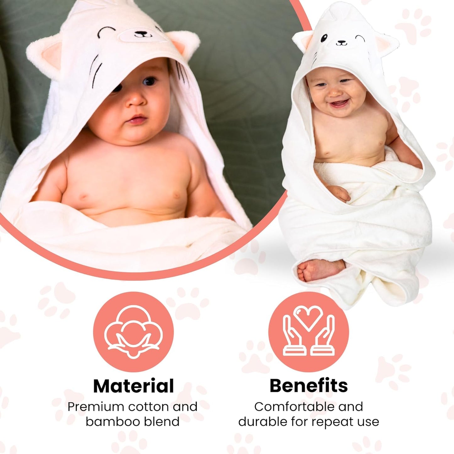 Premium Hooded Towel - 500GSM Viscose derived from Bamboo Cotton Baby Towels- Ultra Soft & Absorbent, Extra Large 35” x 35”, Hypoallergenic, Machine Washable Toddler Towel - Cat