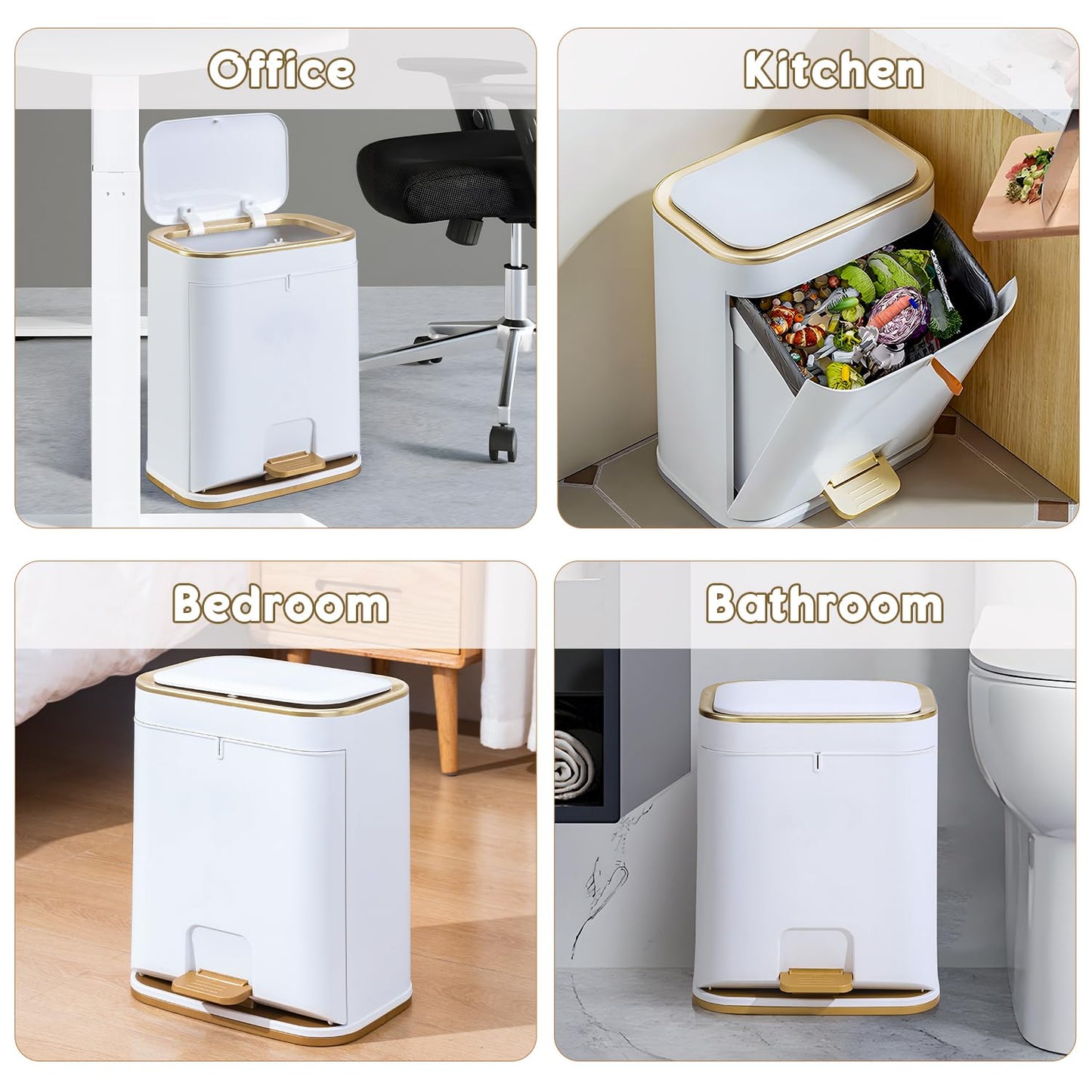 Bathroom Trash Can with Lid, 3 Gallon Gold Garbage Can, Small Trash Bin with Press top Lid and Pedal, Narrow White TrashCan Waste Basket for Bedroom, Living Room,Office,Plastic Dog Proof Trash Can