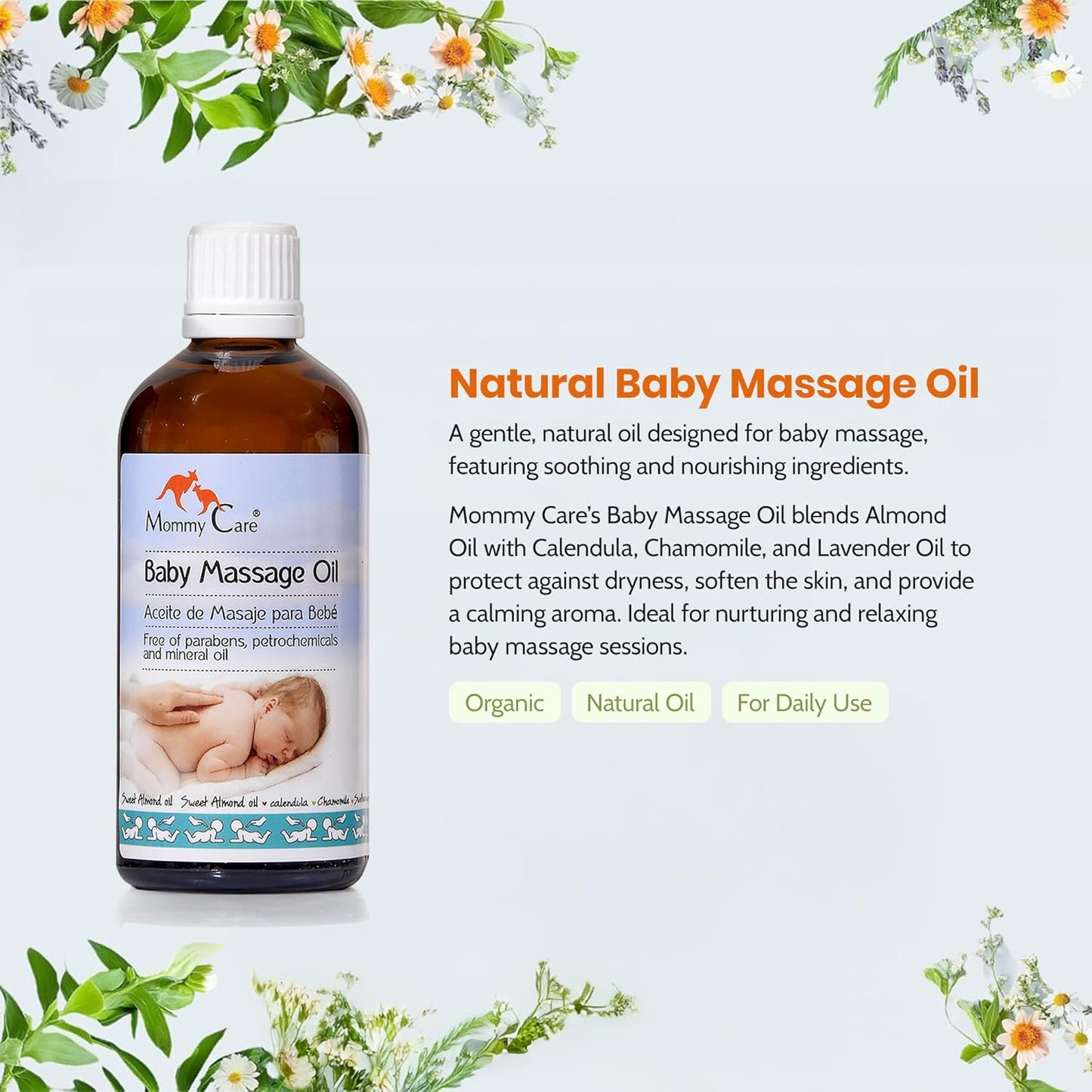 Mommy Care Baby Massage Oil – Vegan Plant-Based Natural Formula with Almond Oil, Calendula & Chamomile, Nourishes & Hydrates, 100ml / 3.38 fl oz