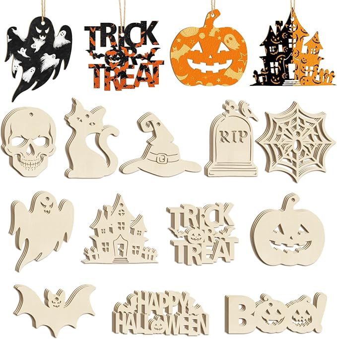 36PCS Wooden Halloween Ornaments to Paint Fall Decorations, 12 Styles DIY Blank