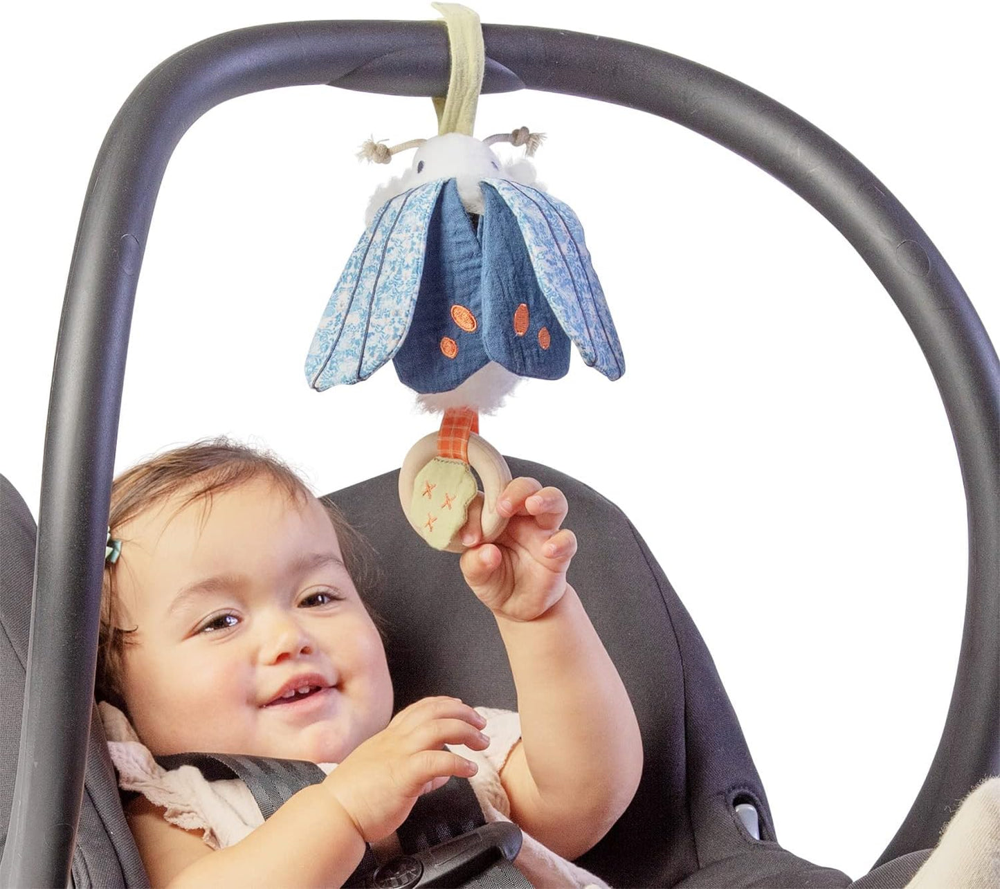 Manhattan Toy Folklore Plush Luna Moth Soft Tactile Baby Travel Toy with Crinkle Fabric Wings, Baby Mirror and Wooden Teether Ring
