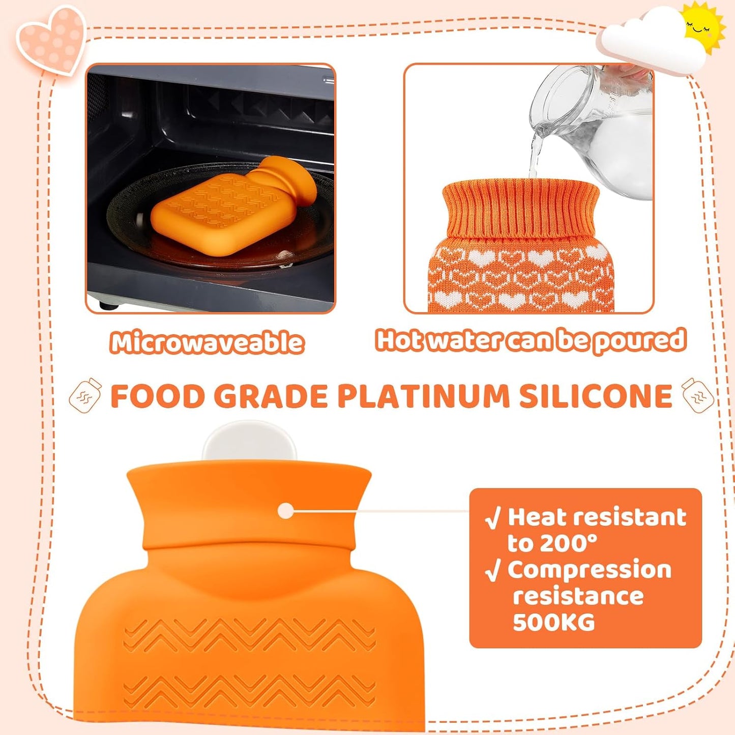 Amylove Mini Hot Water Bottle 320ml for Hot & Cold Compress with Cover Silicone Microwave Heating Small Water Bag for Travel Pain Relief Holiday Gifts(Orange)