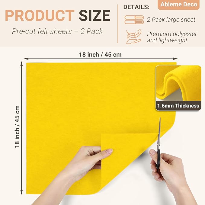 Yellow Felt Fabric Sheets 18" x 18" 1.6mm Soft Felt, Sew and Glue, DIY Sewing