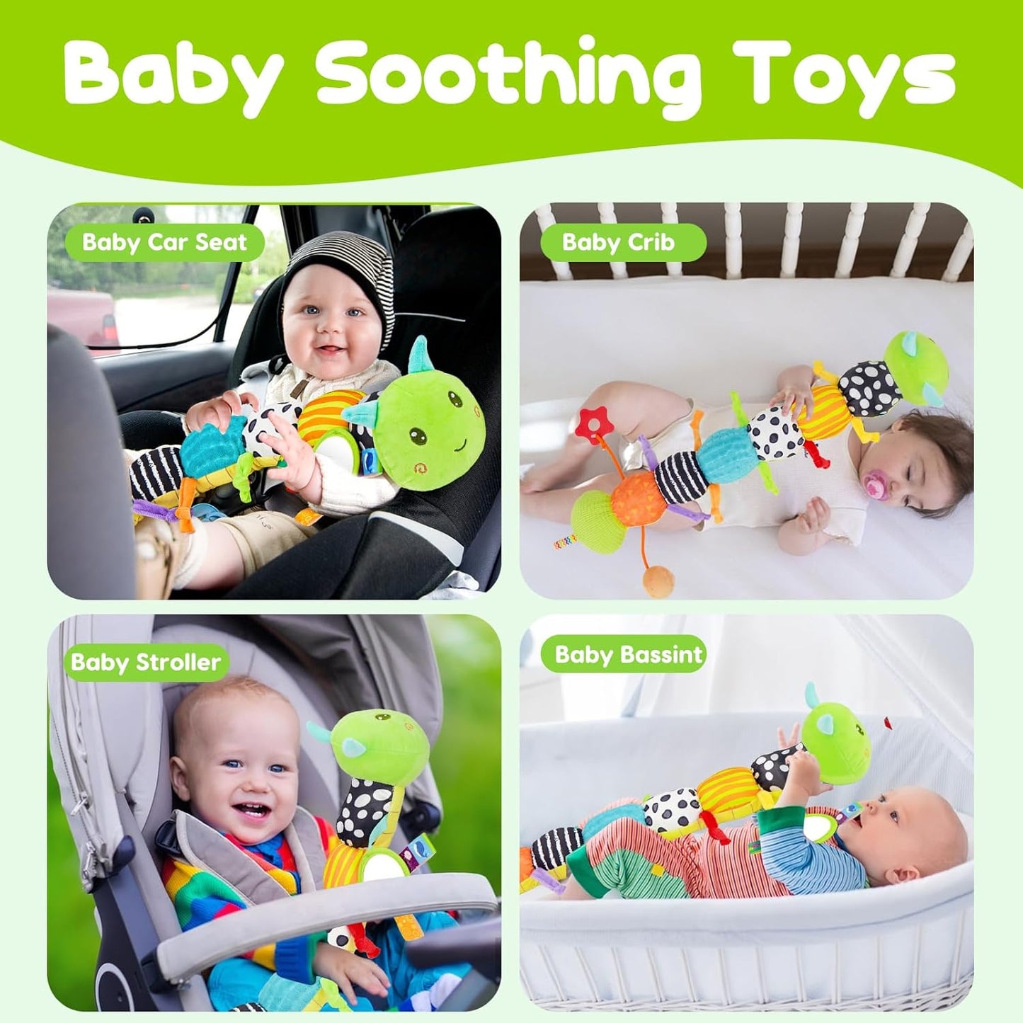 Baby Sensory Toy 0-6 Month Music Animal Stuffed Plush Caterpillar Toy for Infant 0-3-6-12 Month Old Tummy Time with Baby Mirror Crinkle Rattle Carseat Toys for Newborn Boys Girl Shower