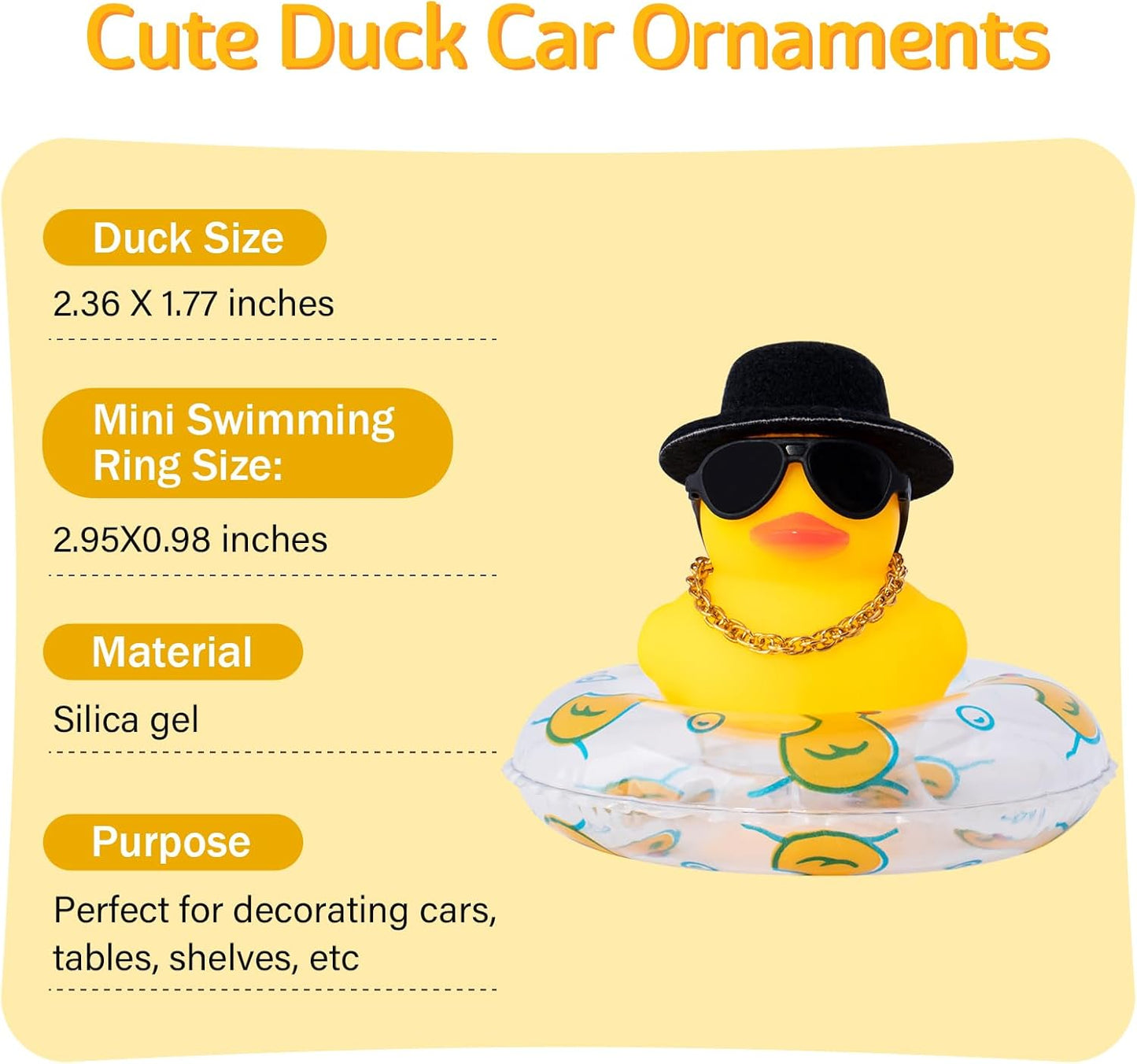 wonuu Car Rubber Duck, Yellow Duck Decoration Dashboard with Sun Hat Swim Ring Necklace Sunglasses for Car Dashboard Decorations, Black Top Hat-Transparent