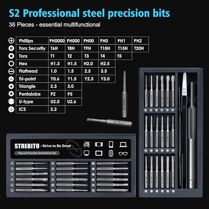 STREBITO Small Screwdriver Set - 39 in 1 Precision Screwdriver Kit, Electronics Tool Set - PC, Laptop, RC, Computer, Phone Repair, S2 Steel Long Bits - Torx, Pentalobe, Triwing