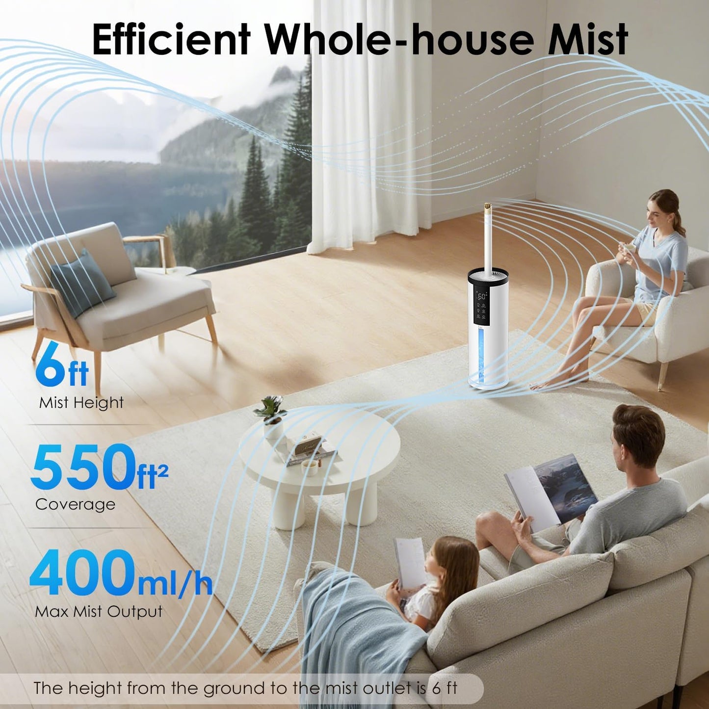 Humidifiers for Large Room 550 ft² - GloryAir 8L Cool Mist Humidifier for Bedroom Home Plants Baby, Top Fill, 120H Runtime, 4 Mist Spray Levels, 7-Color Light, 35dB Quiet Humidifier