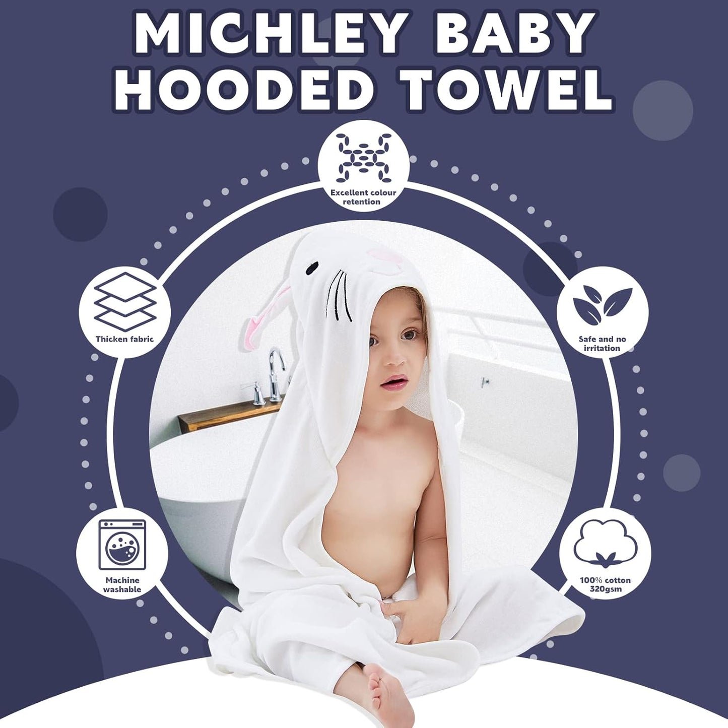 MICHLEY Animal Face Hooded Baby Towel Cotton Bathrobe for Boys Girls 0-6 Year White