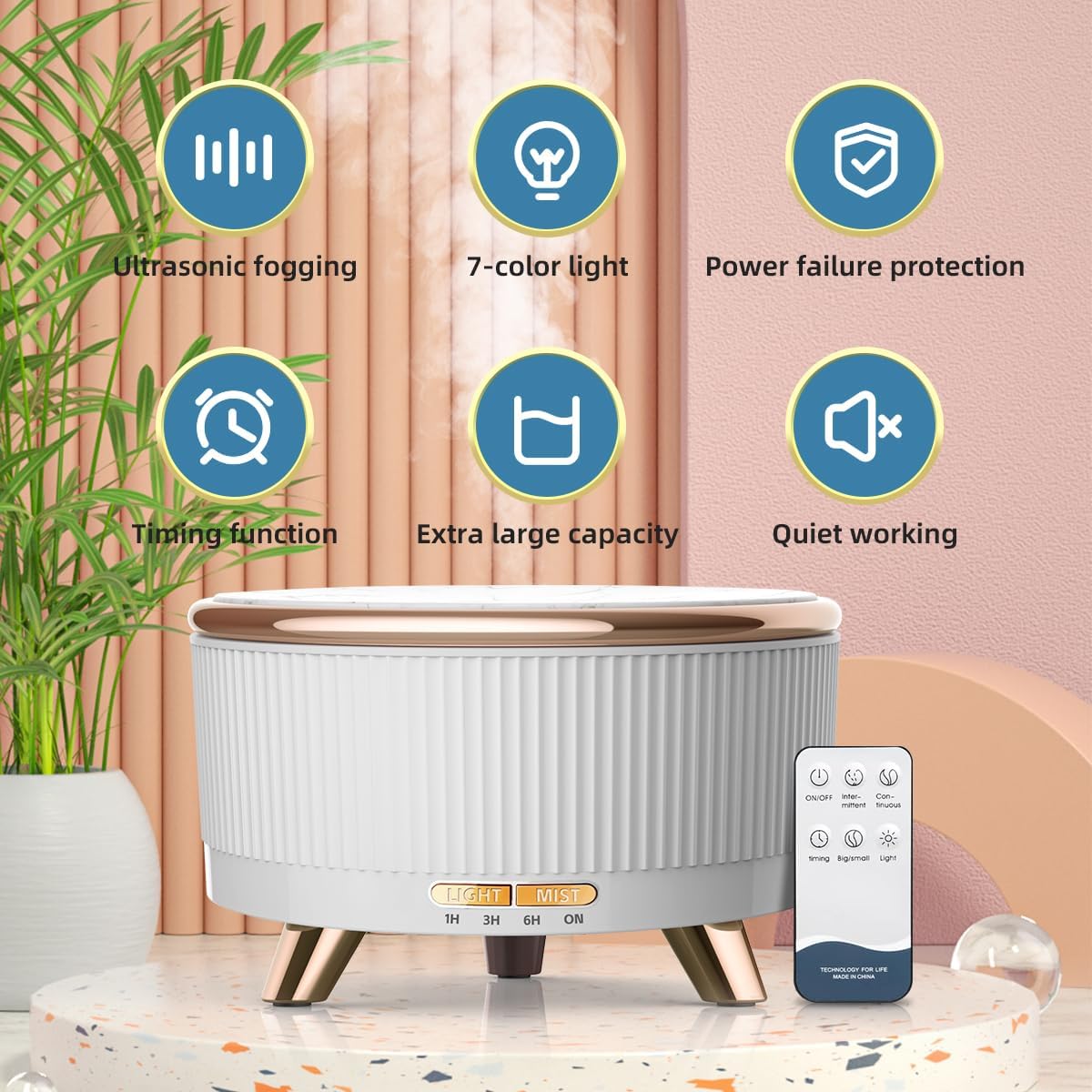 500ML Large Capacity Essential Oil Diffuser, Ultrasonic Aromatherapy Diffuser with 7 Color LED Lights with Remote Control, Cool Mist Humidifier, Timed Mist, Auto Shut-Off (White)