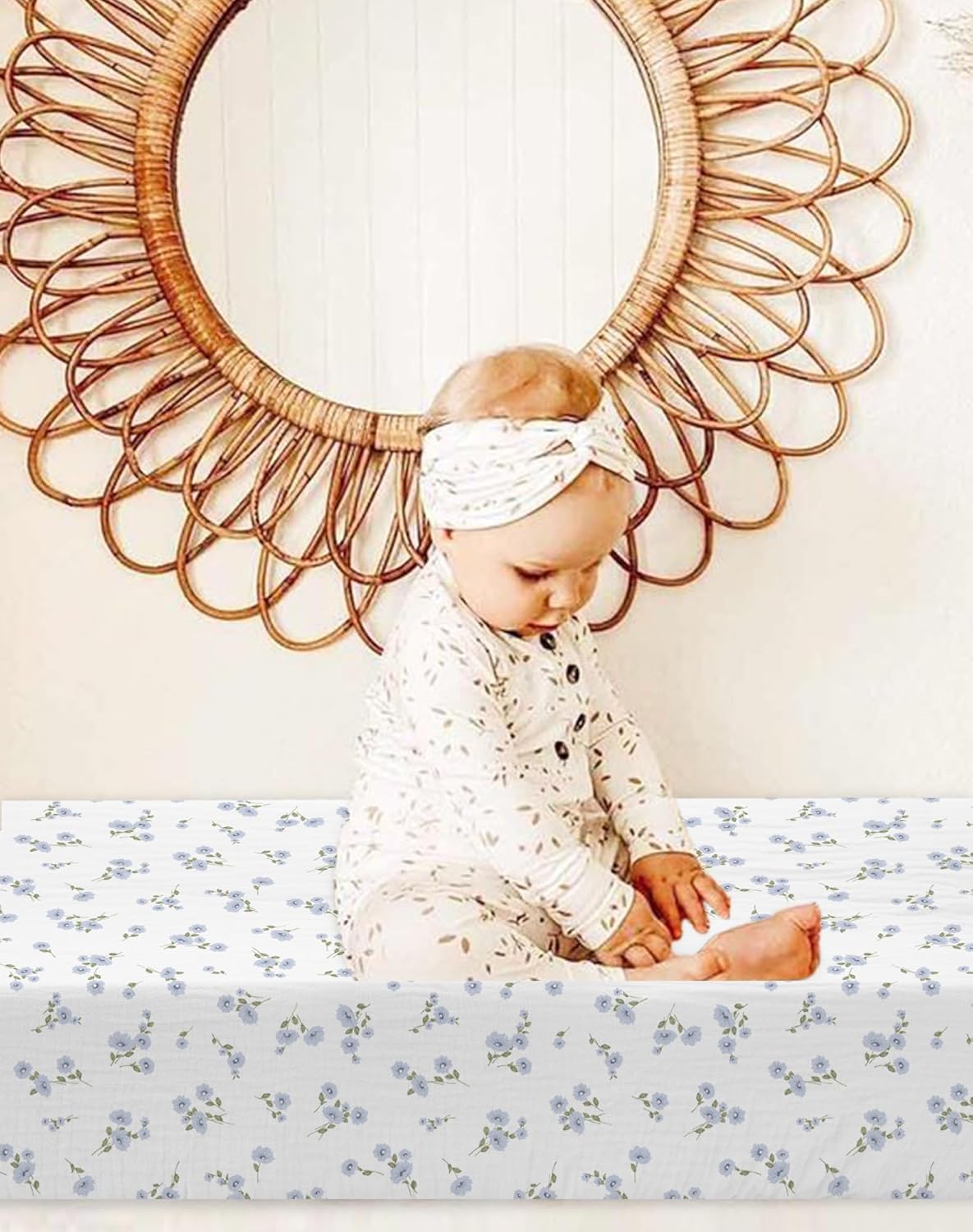 Changing Pad Cover for Baby Boy Girl 2 Pack, Muslin Changing Table Pad Covers with Boho Style, Neutral Nursery Bedding Essentials Soft and Breathable (Bluebell Bloom & Light Blue)