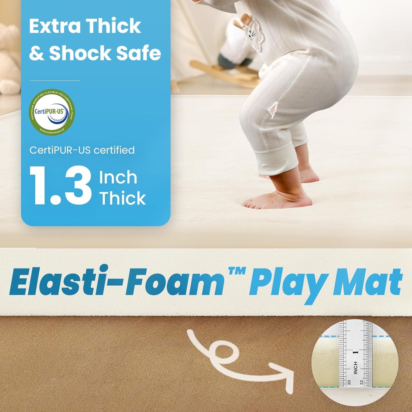 1.3" Thick Baby Play Mat for Floor Playpen, 50x50 Foam Tummy Time Mat, Padded Support Soft Plush Nursery Rug for Infant Kids Toddler Crawling Kick Activity (Ivory)