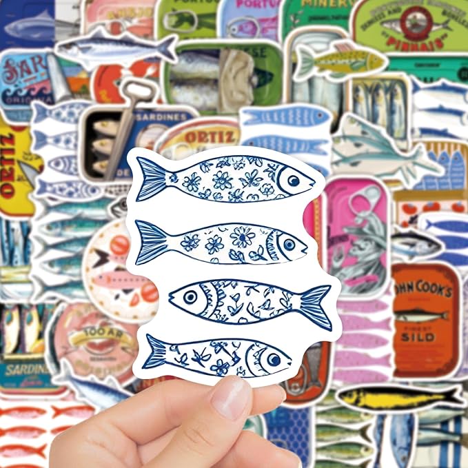 50 Pcs Vintage Sardine Fish Can Stickers, Retro Seafood Tin Label Ocean Fish