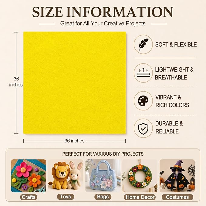 Bright Yellow Large Felt Fabric 36" x 36", 1.4 mm Soft Felt Sheet, Nonwoven