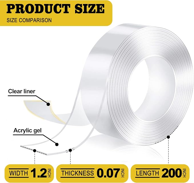 Kelasy Extra Large Double Sided Tape Heavy Duty, 1.2" x 200", Nano Adhesive