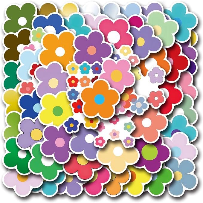 62PCS Colorful Flower Stickers, Waterproof PVC Vinyl Cute Floral Decals