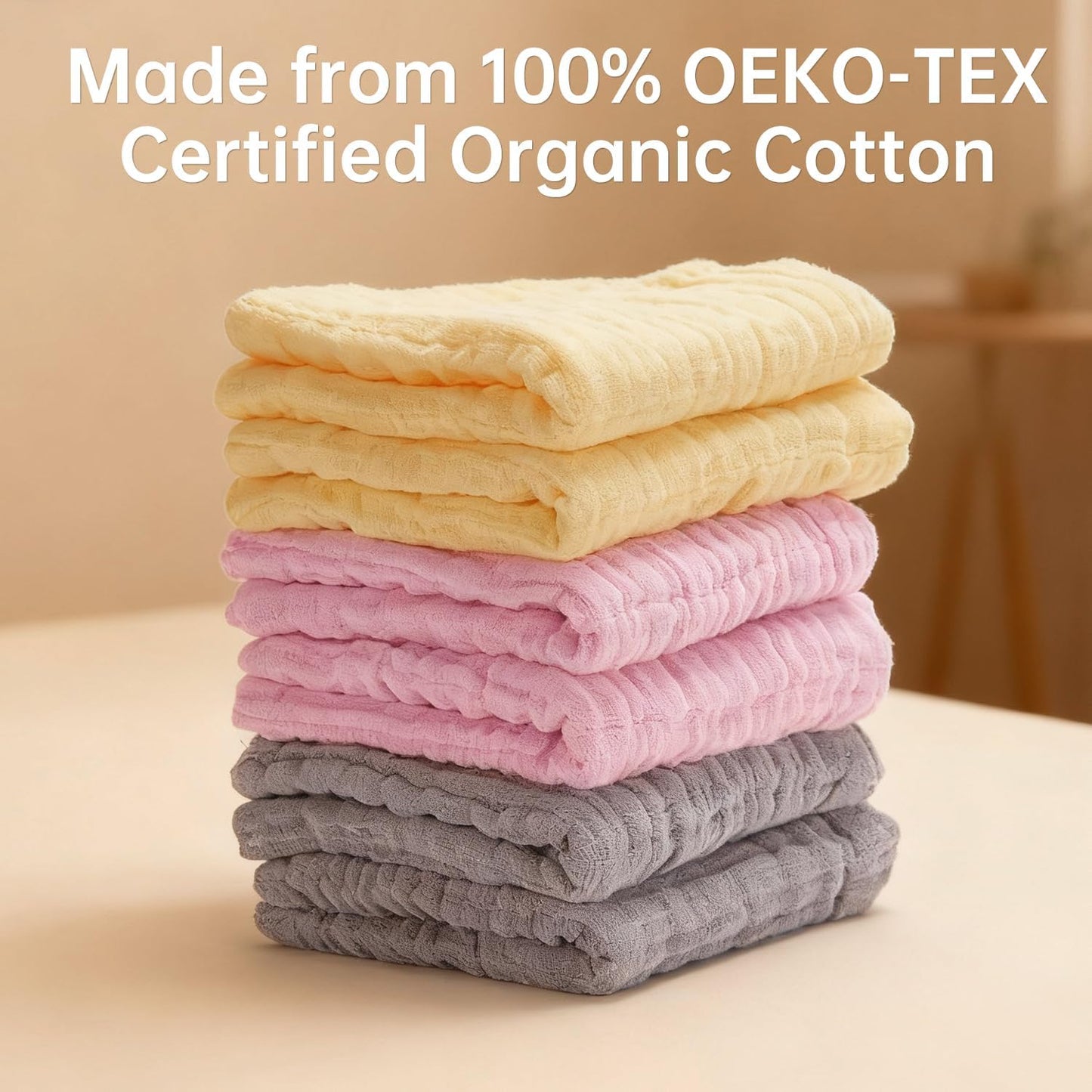 Organic Muslin Baby Washcloths 6 Pack Baby Bath Face Towel 12x12 Inch Extra Absorbent and Soft Burp Cloth and Wash Cloths for Newborn-Infants On Sensitive Skin (Yellow Pink Grey)