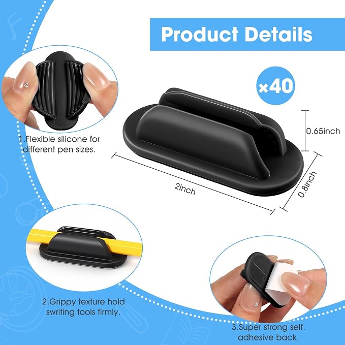 VZZNN 40 PCS Adhesive Pencil Holders, Silicone Marker Organizer