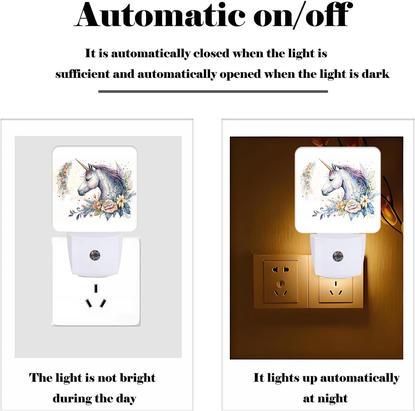 Watercolor Magic Unicorn and Flowers Night Light,Plug-in Night Lights with Dusk to Dawn Sensor for Stairway,Hallway,Bedroom Sleep Friendly Ideal for Women/Girls/Boys Gift,0.5w