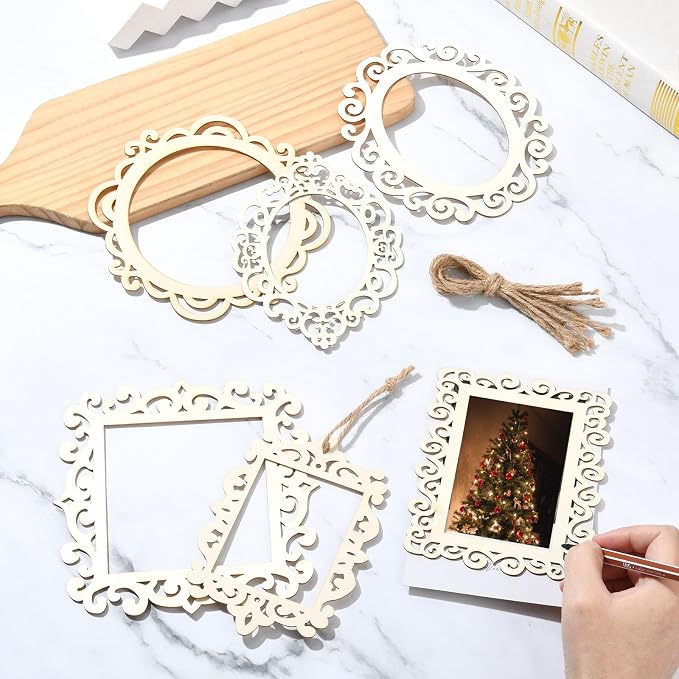 12 pcs 6 Styles Hollow Theme Undyed Wooden Photo Frames Laser Cut Oval Square