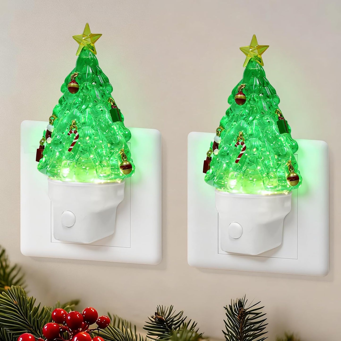 2 Pack Christmas Tree Night Light Plug into Wall Glitter Water Nightlight with USB/Outlet Options, Christmas Tree Decorative Nightlight for Bedroom Kitchen Nursery Holiday Decorations Gifts (Tree)