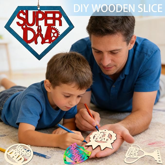 Dad 40Pcs 5 Type Unfinished Wood Crafts Fathers Day DIY Cutouts Dad Birthday