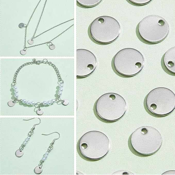 PH PandaHall 100 Pcs 304 Stainless Steel Flat Round Blank Stamping Tag Pendants