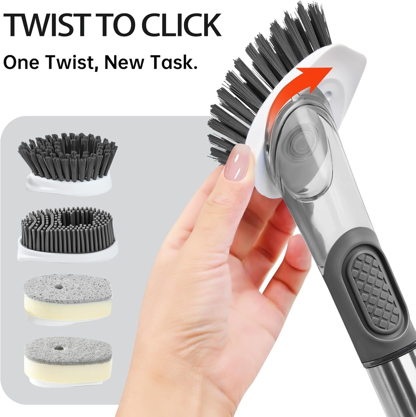Soap Dispensing Scrub Brush - 4-in-1 Kitchen Cleaning Brush with Built-in Tank, Scraper Heads for Stubborn Grime on Pots Pans, Stand/Hang Storage-Grey