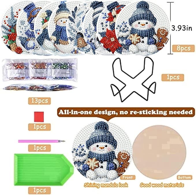 8 Pack Diamond Art Coasters, Christmas Snowman Diamond Painting Coasters |